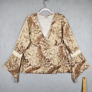 Vintage Fashion Bug Shirt Womens Large Paisley Bell Sleeve Boho Top 90s USA